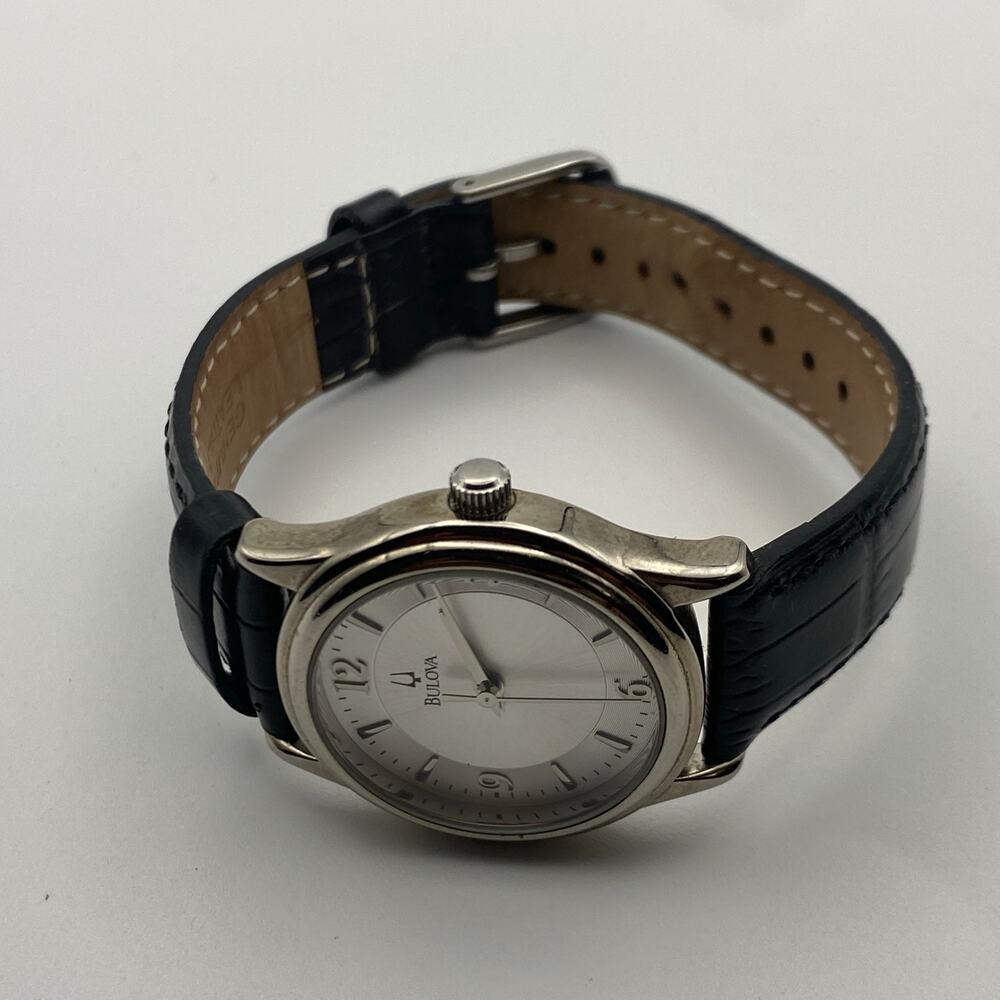 Elegant Bulova Silver Tone Watch with Black Leather Band Working New Battery - Picture 7 of 9